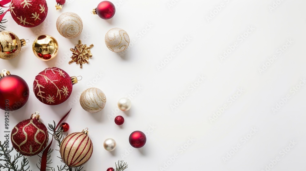 Holiday design with red and gold ornaments on white backdrop Overhead view with space for text Holiday design with red and gold ornaments on white backdrop Overhead view with space for text