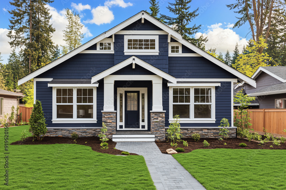 Blue House with Stone Accents and Lush Lawn. Blue House with Stone Accents and Lush Lawn.