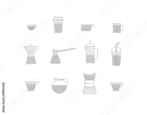 Obraz na płótnie Coffee linear icon set cup, glass, french press, maker, filter, drip, turk, pot drawn with flat black lines on white background w salonie