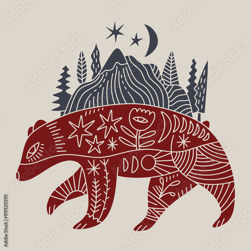 Bear folk graphic collage applicable label element in line monochrome style with ornate flower decoration symbols, floral pattern. Nature logo, textile t-shirt print and more. Mascot shamanic