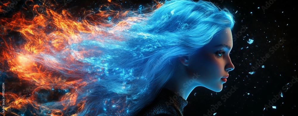 The woman's face is shown in a swirling, colorful background. It appears that the woman's hair is being blown by a strong wind The woman's face is shown in a swirling, colorful background. It appears that the woman's hair is being blown by a strong wind