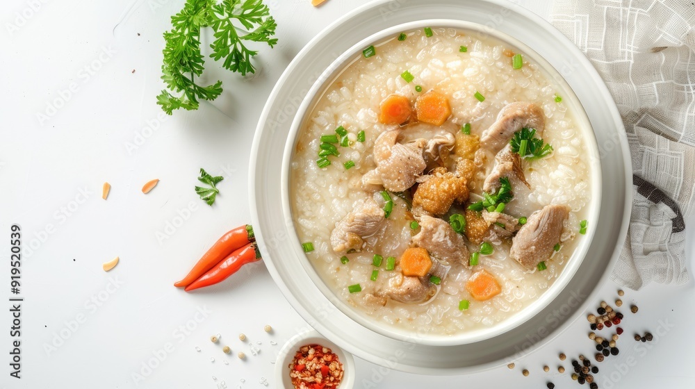 Indonesian Chicken Porridge in Top View on White Background Indonesian Chicken Porridge in Top View on White Background