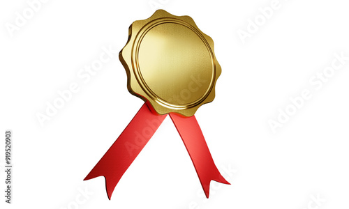 A golden medal with red ribbons