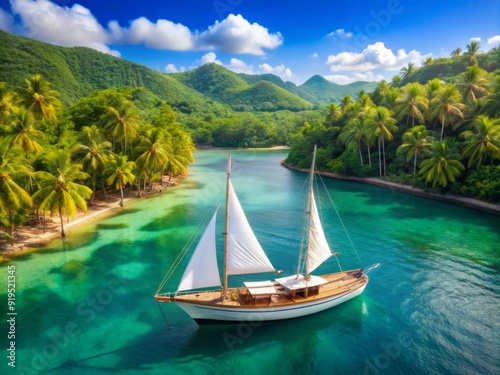 Serene sailboat glides across calm turquoise ocean waters with crisp white sails and sleek wooden hull, surrounded by lush green palm trees and distant misty islands.