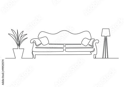 Vector illustration of one line drawing of couch or sofa with lamp and potted plant modern furniture 