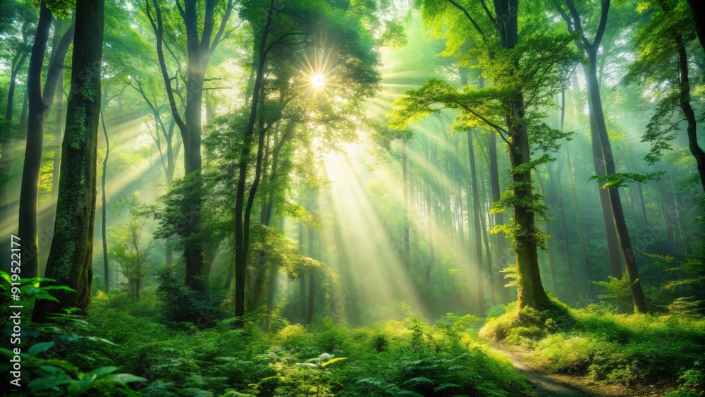 Obraz premium Serene and vibrant lush green forest landscape with dense foliage, misty atmosphere, and sunbeams peeking through towering trees, evoking a sense of calm and tranquility.