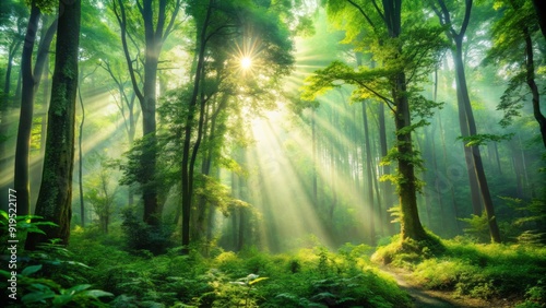 Serene and vibrant lush green forest landscape with dense foliage, misty atmosphere, and sunbeams peeking through towering trees, evoking a sense of calm and tranquility.