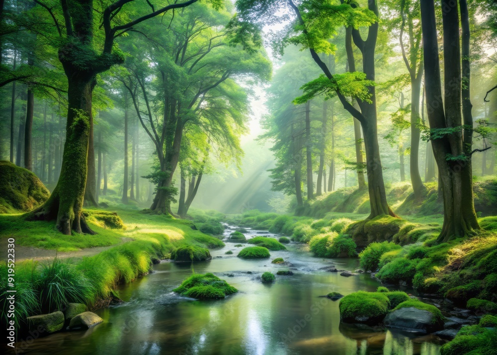 Serene misty forest with towering trees, lush green foliage, and a meandering stream, creating a tranquil and idyllic natural haven of peace and solitude. Serene misty forest with towering trees, lush green foliage, and a meandering stream, creating a tranquil and idyllic natural haven of peace and solitude.