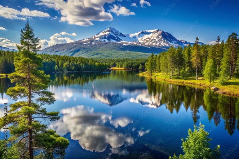 Serene Finnish mountain landscape featuring a tranquil lake, surrounded by lush green forest and majestic snow-capped peaks under a clear blue sky.