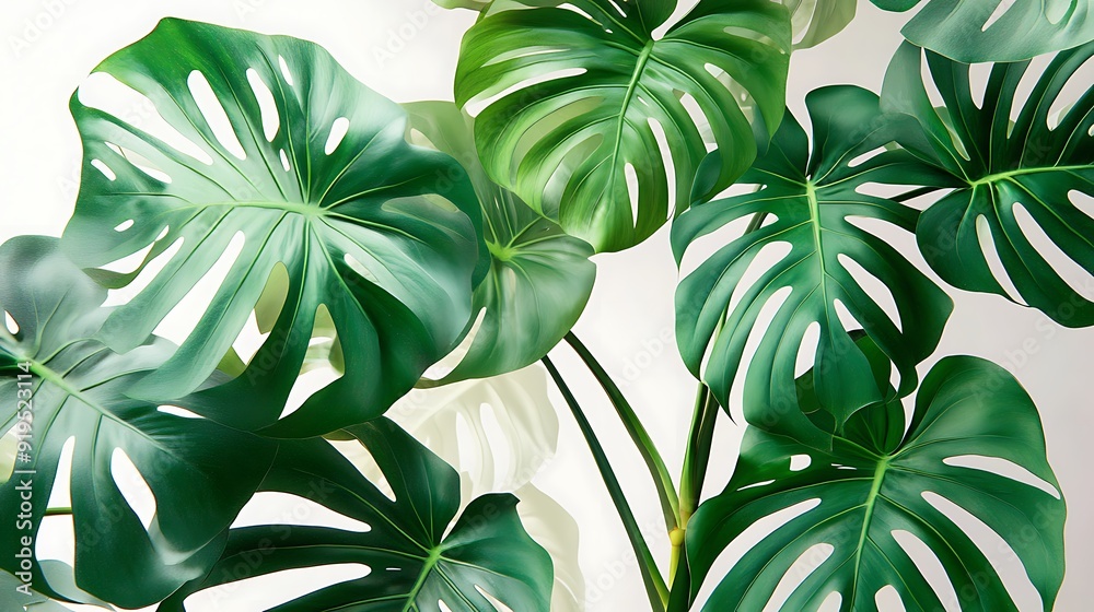Lush Green Monstera Deliciosa Leaves on a White Background Lush Green Monstera Deliciosa Leaves on a White Background