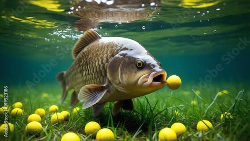 Obraz na płótnie Carp fresh water fish feeding, eating yellow boilies on bottom of lake, animals and wildlife, nature background w salonie