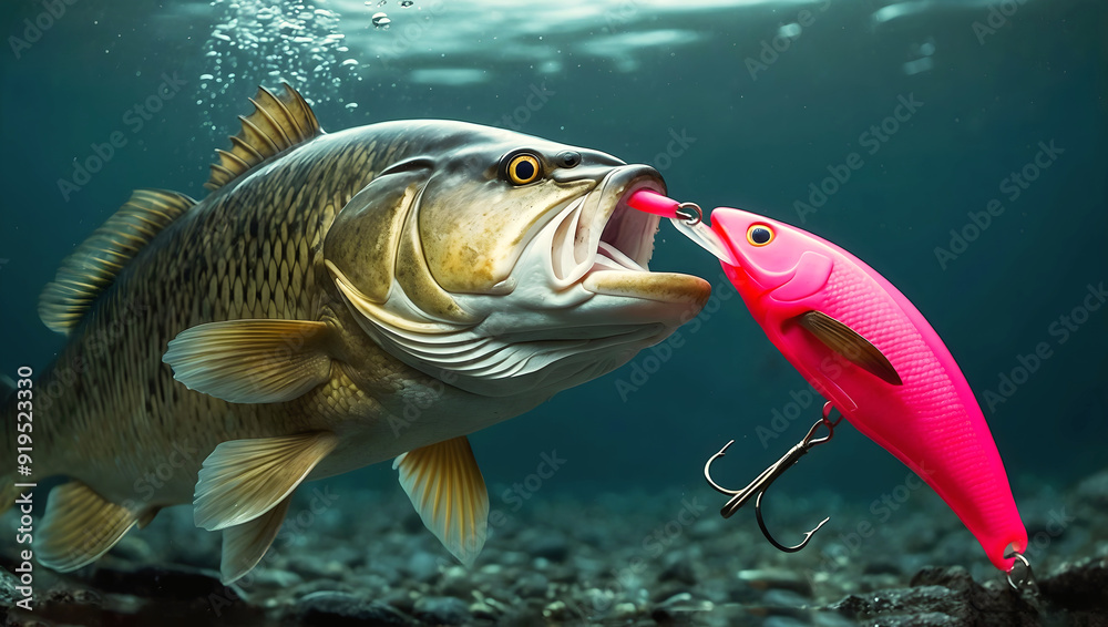 Largemouth bass freshwater fish striking pink lure in the lake, water animals and wildlife, nature background, fishing, catch and release
