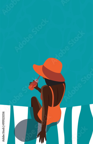 Woman in a hat and swimsuit on the beach or in the pool. The girl is on vacation. Template with place for text travel time, tourism concept. Illustration on the theme of summer, seasonal holiday