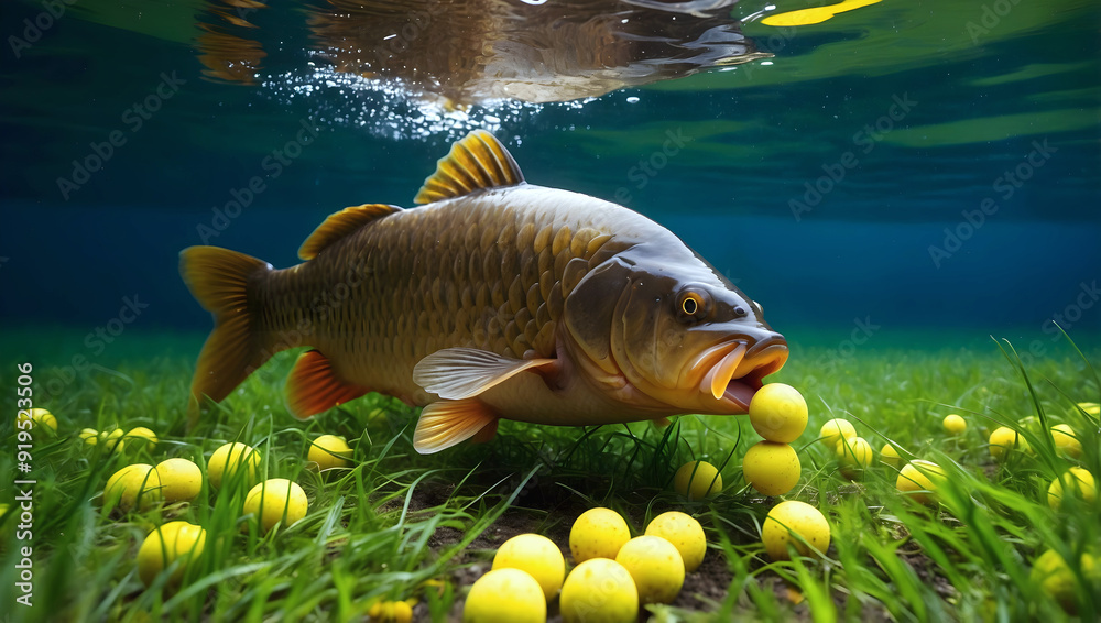 Common Carp fresh water fish feeding, eating yellow boilies on bottom of lake, animals and wildlife, nature background