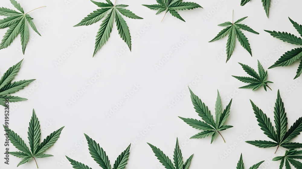 Marijuana leaves on a white background, close up top view on cannabis leaves and branches on white background for alternative medical and marketing design concept Marijuana leaves on a white background, close up top view on cannabis leaves and branches on white background for alternative medical and marketing design concept