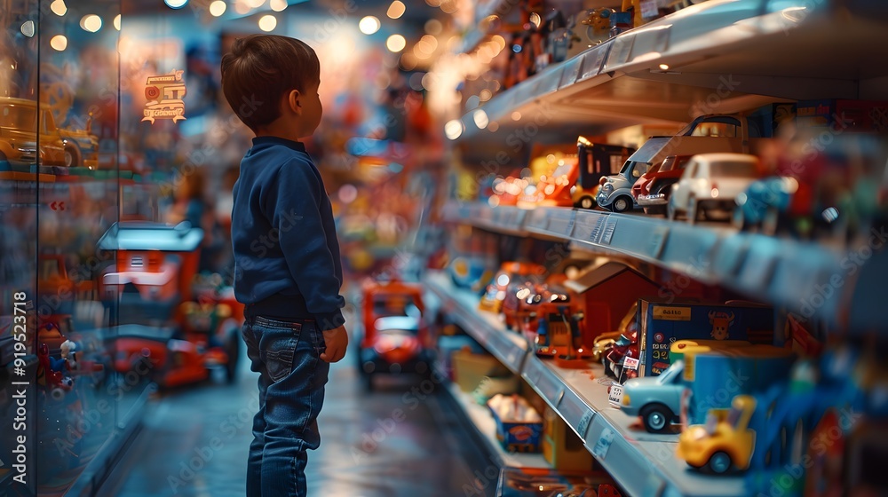 Child in a toy store aisle, gazing at shelves lined with colorful toy cars and vehicles, in a captivating shopping environment. Child in a toy store aisle, gazing at shelves lined with colorful toy cars and vehicles, in a captivating shopping environment.
