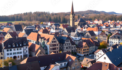 City of Nagold located in southern Germany, swabian town with mixture of traditional and modern buildings isolated with white highlights, png photo