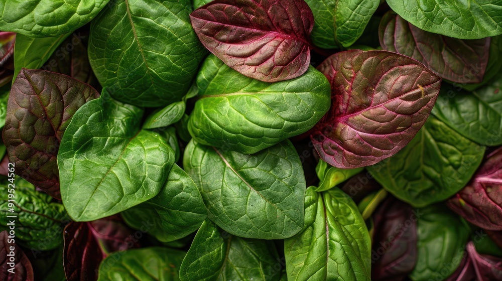 Fototapeta premium Nutrient rich Close up of Red and Green Amaranthus Tricolor Spinach or Spinacia oleracea Leaves