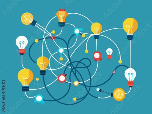 Simplify complex process. Tangled scribble wires with light bulbs from difficult to simple, clarifying idea and complex problem solving process vector concept
