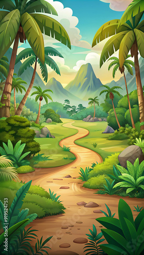 vertical cartoon background jungle with hiking road