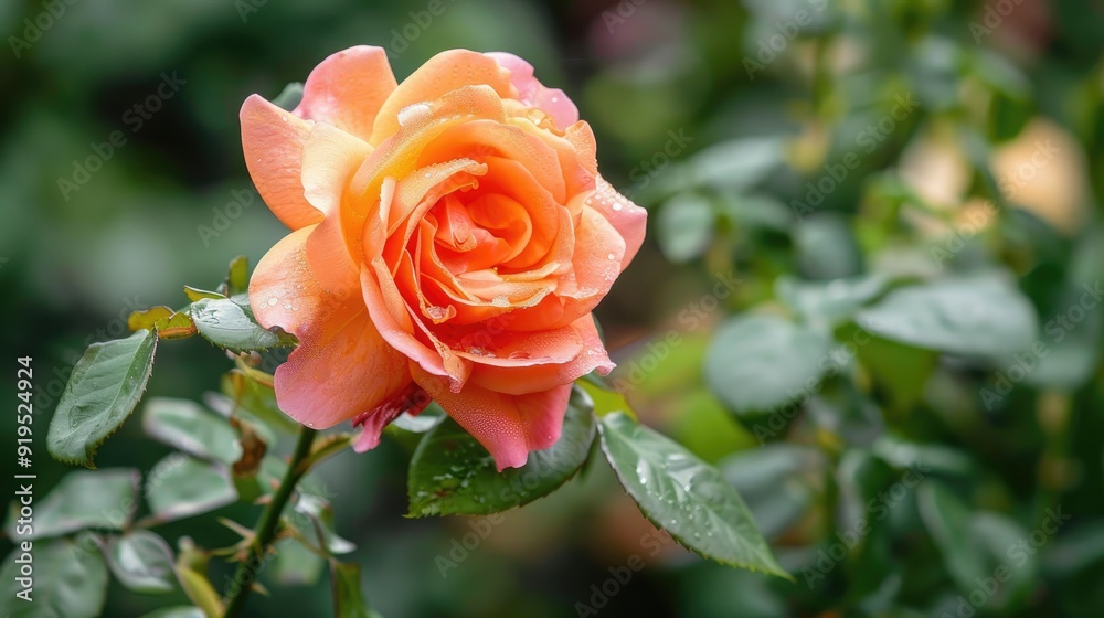 Orange rose in clear focus amid green foliage Orange rose in clear focus amid green foliage