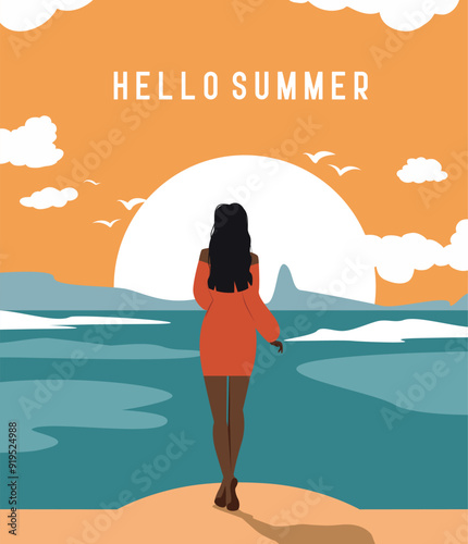 Woman on vacation on the beach. Summer time. A girl on vacation walks along the beach, viewed from the back. Banner with place for text Hello summer. Vector bright template illustration for posters