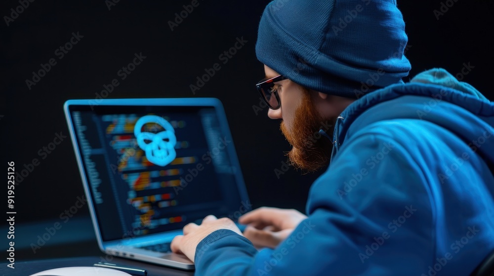 A focused programmer works on a laptop, surrounded by code, in a dark environment with a skull graphic displayed on the screen. A focused programmer works on a laptop, surrounded by code, in a dark environment with a skull graphic displayed on the screen.