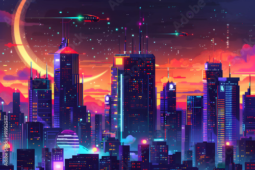 Futuristic cityscape at night neon lights flying cars