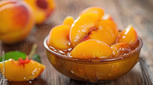 Peaches in syrup in a bowl on wood background