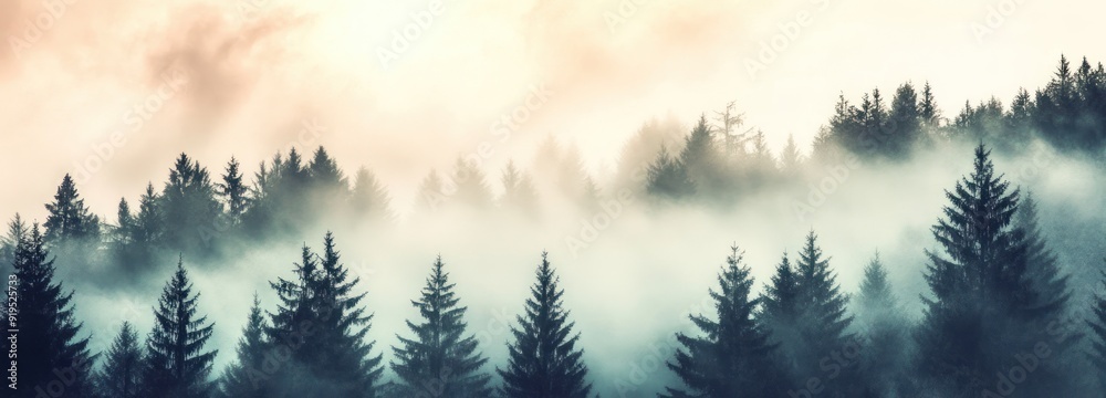 Silhouetted Pine Trees in Misty Forest at Dawn Silhouetted Pine Trees in Misty Forest at Dawn