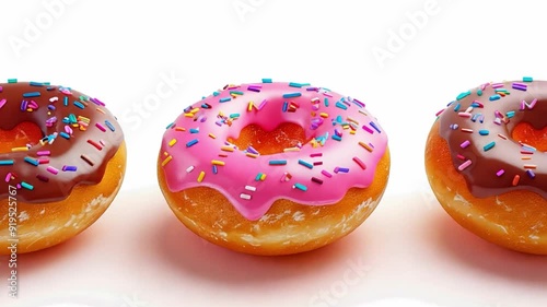 Three vibrant donuts, one topped with chocolate icing and sprinkles, the second with pink icing and colorful toppings, arranged on a clean white backdrop. photo