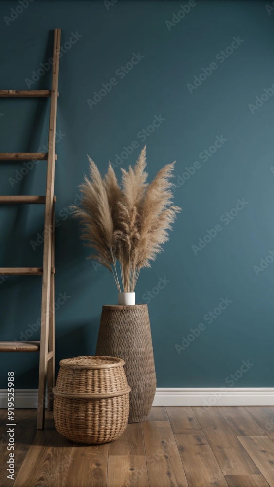 A minimalist interior space features a dark teal wall with wooden flooring. A minimalist interior space features a dark teal wall with wooden flooring.