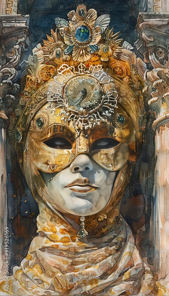 Intricate artwork featuring a masked figure adorned with ornate decorations and a medieval touch, exuding mystery and elegance. Intricate artwork featuring a masked figure adorned with ornate decorations and a medieval touch, exuding mystery and elegance.