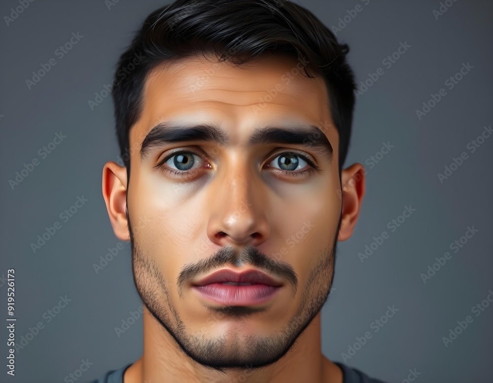 Close-Up of a Confident Man's Face with Blue Eye and Beard