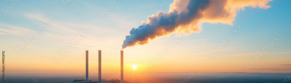 A stunning sunset view of industrial smokestacks emitting smoke, highlighting the impact of energy production on the environment. A stunning sunset view of industrial smokestacks emitting smoke, highlighting the impact of energy production on the environment.