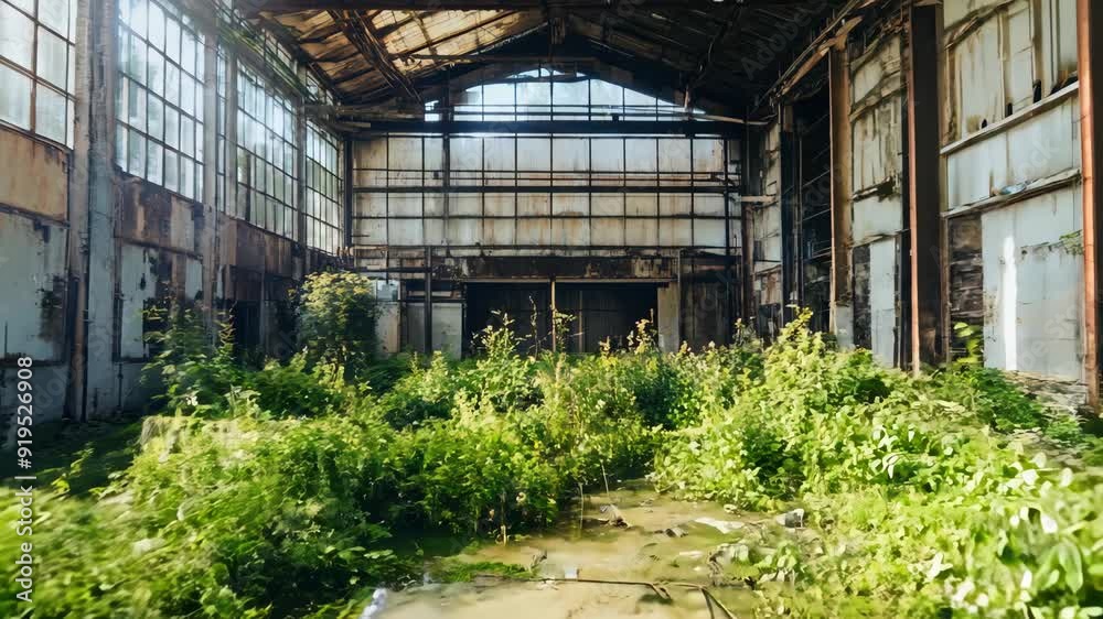 Overgrown abandoned industrial room. Decaying factory interior. Post-apocalyptic environment Overgrown abandoned industrial room. Decaying factory interior. Post-apocalyptic environment