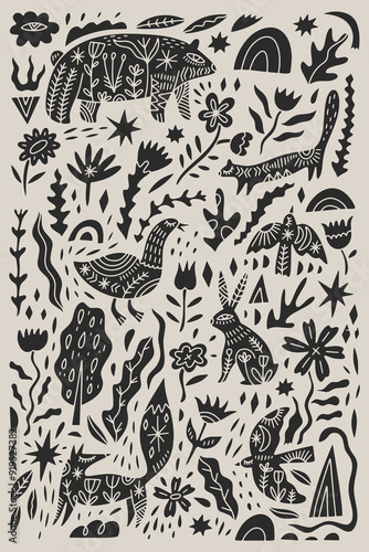 Vector nursery folk illustration of cute different woodland animals. Collection Including ornate bear, fox, birds, hare or rabbit, wild goose, weasel or marten, snake, thrush and other birds. Collage