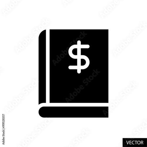 Finance book, accounting book, book with american dollar sign, usd symbol vector icon in glyph style design for website, app, UI, isolated on white background. Vector illustration.