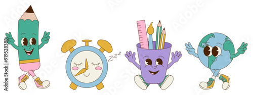 Retro groovy back to school sticker set. Cute mascots. Earth, alarm clock, pencil.