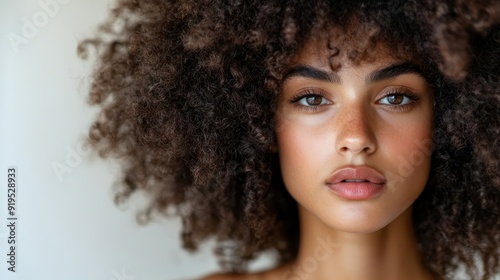 A close-up portrait of a woman with voluminous curly hair and natural makeup, posing confidently and showcasing her beauty with an alluring expression.