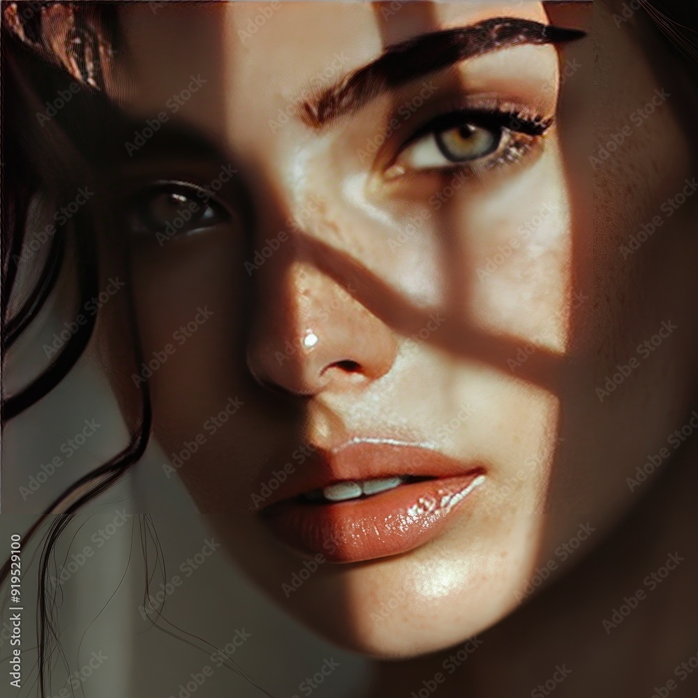 A captivating portrait showcasing natural beauty with dramatic light and shadow play across the face. A captivating portrait showcasing natural beauty with dramatic light and shadow play across the face.