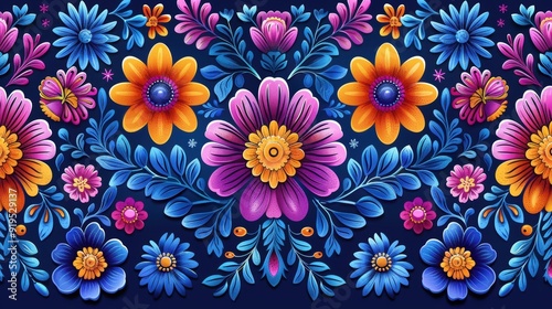 Colorful floral pattern featuring various flowers and foliage against a dark background