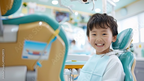 Obraz na płótnie A Joyful Moment of Transformation: Happy 5-Year-Old Asian Boy After Malocclusion Correction in a Modern Dental Clinic. w salonie