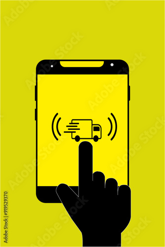 smart phone touching finger, Finger tap smartphone gesture icon, Currier service app, style icons. Hand touch gesture vector illustration on black and yellow background
