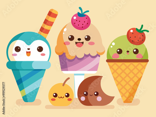 Cartoon ice cream. Sweet sundae, gelato in cone, cute chocolate summer freeze dessert, fruit popsicle, delicious scoop ice cream with animal face. Vector set 
