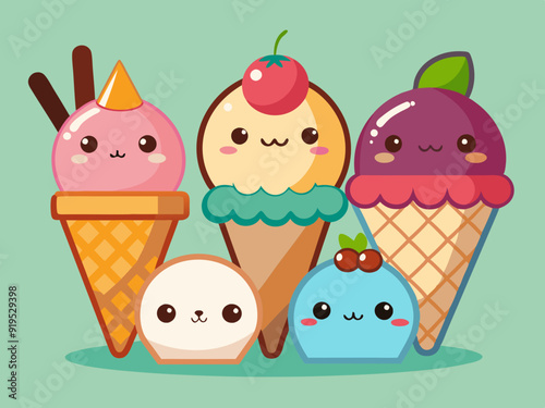 Cartoon ice cream. Sweet sundae, gelato in cone, cute chocolate summer freeze dessert, fruit popsicle, delicious scoop ice cream with animal face. Vector set 
