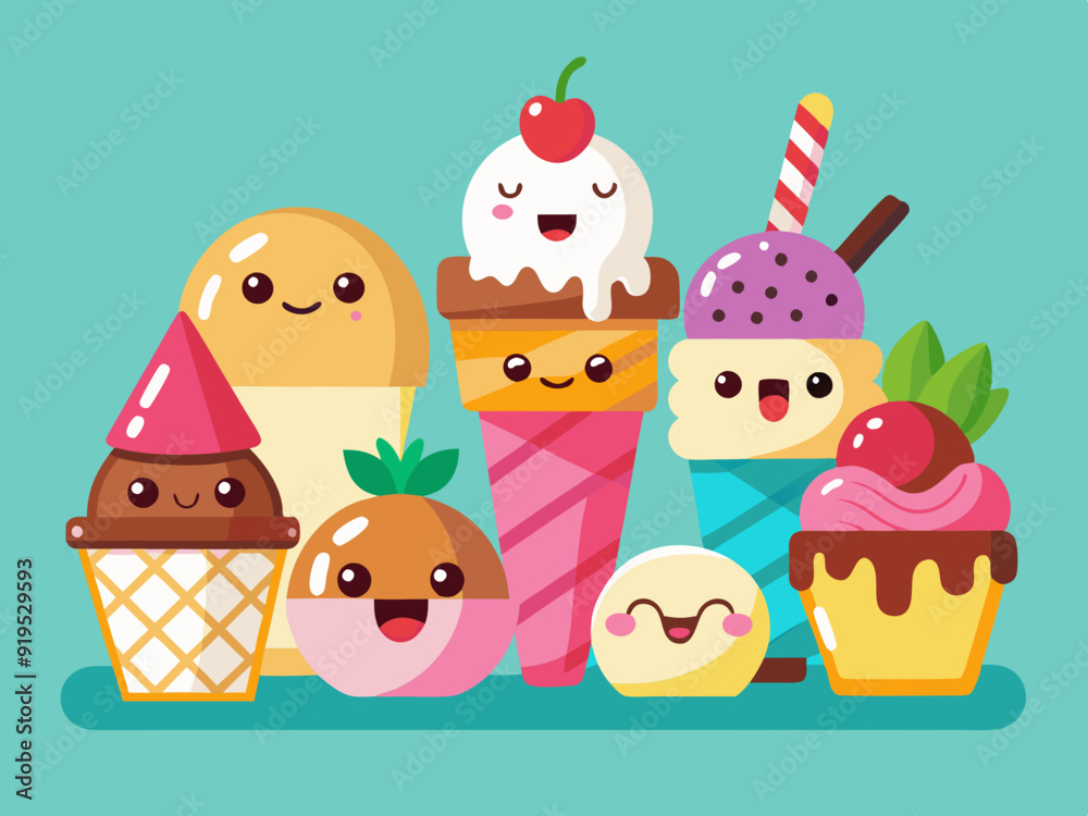 Cartoon ice cream. Sweet sundae, gelato in cone, cute chocolate summer freeze dessert, fruit popsicle, delicious scoop ice cream with animal face. Vector set
Cartoon ice cream. Sweet sundae, gelato in cone, cute chocolate summer freeze dessert, fruit popsicle, delicious scoop ice cream with animal face. Vector set