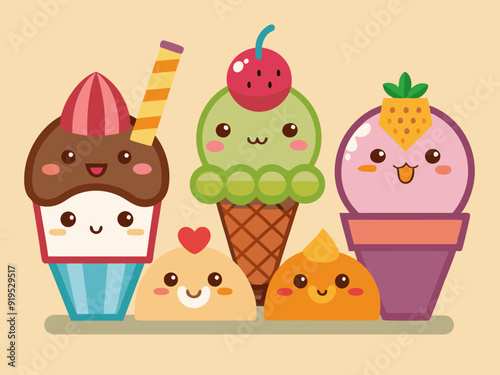Cartoon ice cream. Sweet sundae, gelato in cone, cute chocolate summer freeze dessert, fruit popsicle, delicious scoop ice cream with animal face. Vector set 
