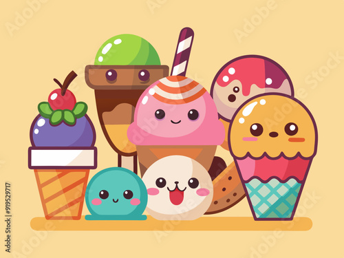 Cartoon ice cream. Sweet sundae, gelato in cone, cute chocolate summer freeze dessert, fruit popsicle, delicious scoop ice cream with animal face. Vector set 
