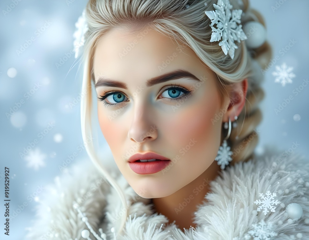 Winter Beauty - Elegant Woman with Snow-Inspired Hairstyle and Icy Makeup Winter Beauty - Elegant Woman with Snow-Inspired Hairstyle and Icy Makeup